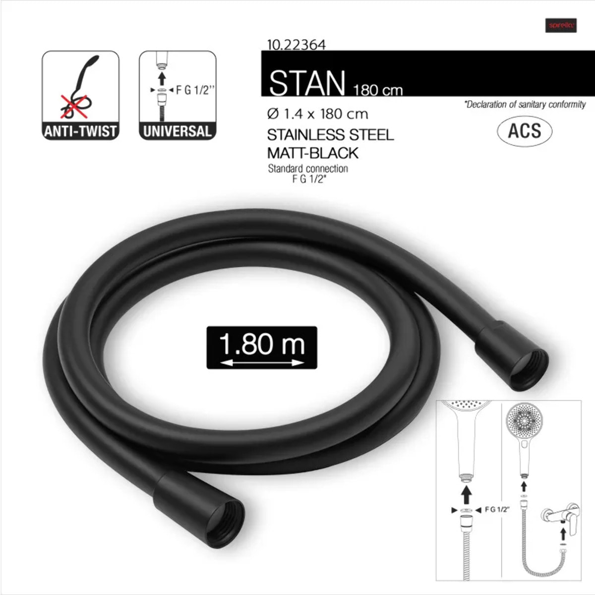 Flexible de douche PVC anti-torsion – 1,80 m – Connexion universelle F 1/2 – ACS