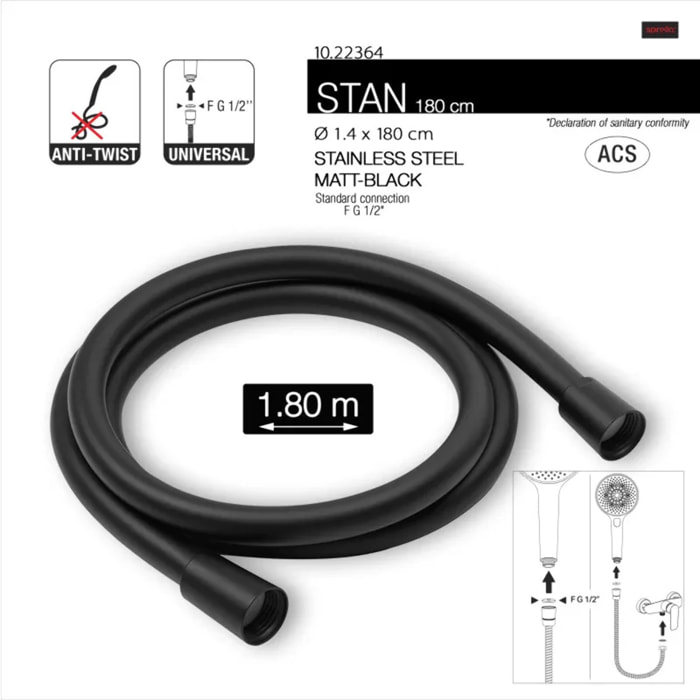 Flexible de douche PVC anti-torsion – 1,80 m – Connexion universelle F 1/2 – ACS