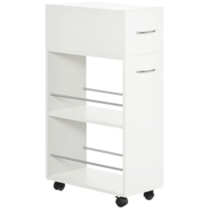 Chariot desserte de cuisine - tiroir, 2 étagères - dim. 25L x 50l x 85H cm - panneaux acier blanc