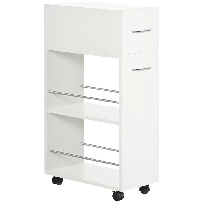 Chariot desserte de cuisine - tiroir, 2 étagères - dim. 25L x 50l x 85H cm - panneaux acier blanc