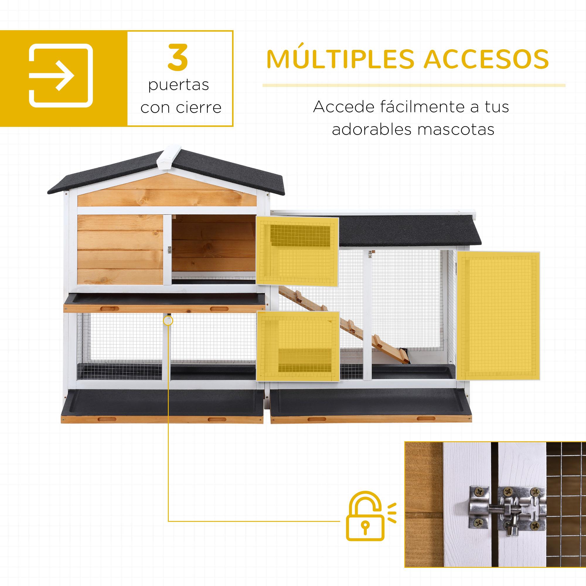 Conejera de Madera Exterior Jaula para Conejos de 2 Niveles con Techo Asfáltico 2 Corrales de Metal Bandeja Extraíble 2 Puertas y Rampa 157,4x53x93,5 cm Natural