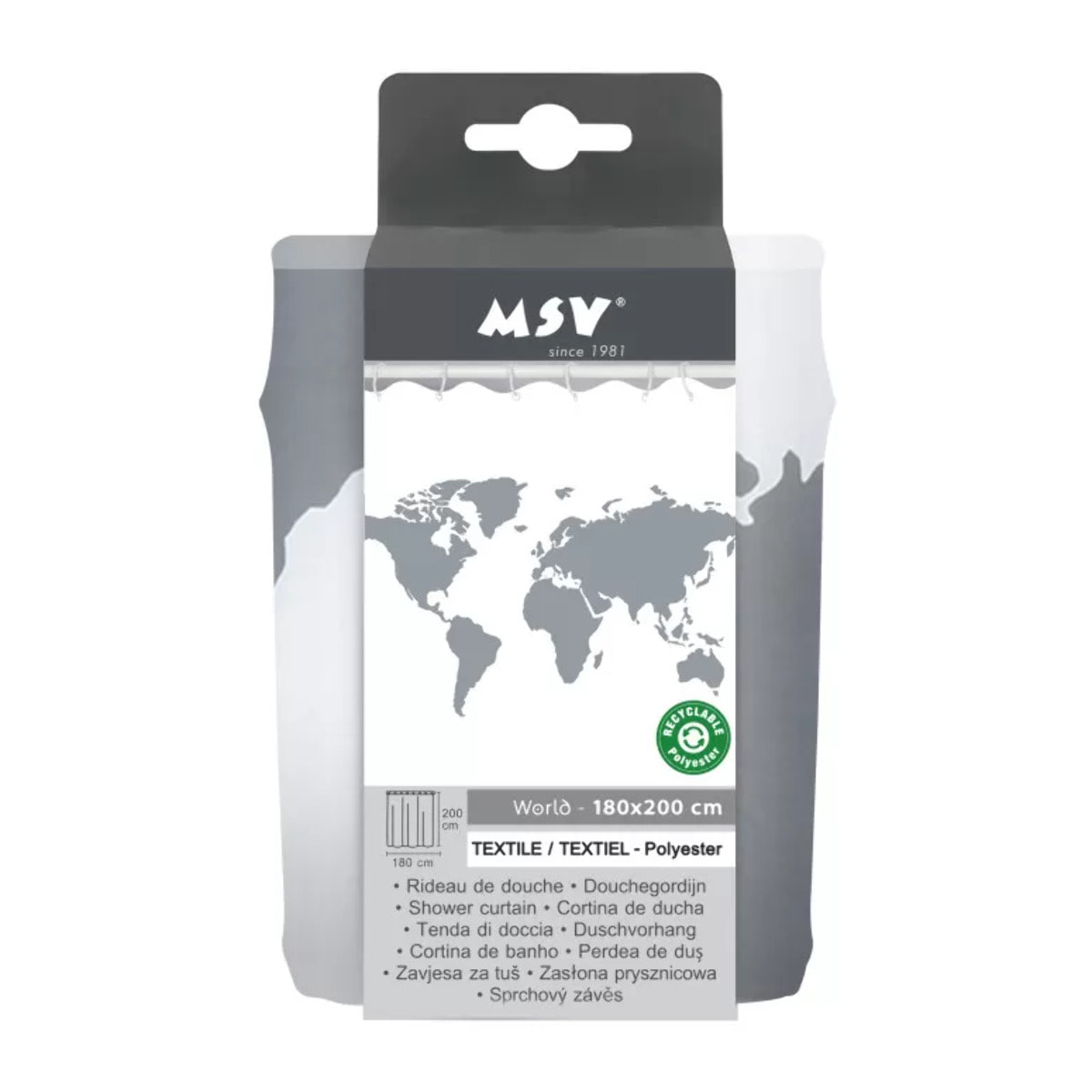 Rideau de douche Polyester WORLD 180x200cm QUALITE PREMIUM Gris & Blanc - Anneaux inclus MSV