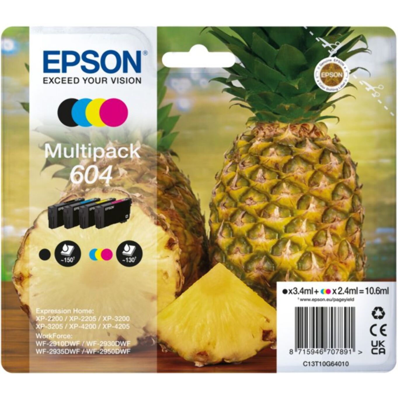 Cartouche d'encre EPSON Pack Multipack 4 Originales 604 (Noir + 3 Couleurs) Série Ananas - C13T09R64010