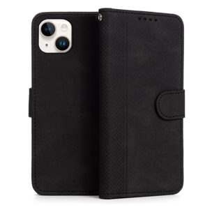 DAM Funda antigolpes tipo libro simil piel para iPhone 14 Plus. Tarjetero interior, muñequera extraíble. 8,56x1,67x16,76 Cm. Color: Negro