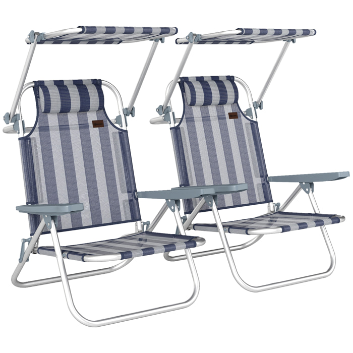 Pack de 2 Sillas de Playa Plegables con Dosel Ajustable, Respaldo Reclinable en 6 Posiciones y Reposacabezas, Sillas Bajas Portátiles con Brazos Carga 120kg para Acampada Jardín Azul y Blanco