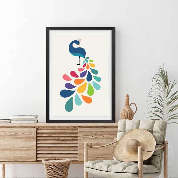 Affiche  paon coloré Affiche + cadre en bois - Noir