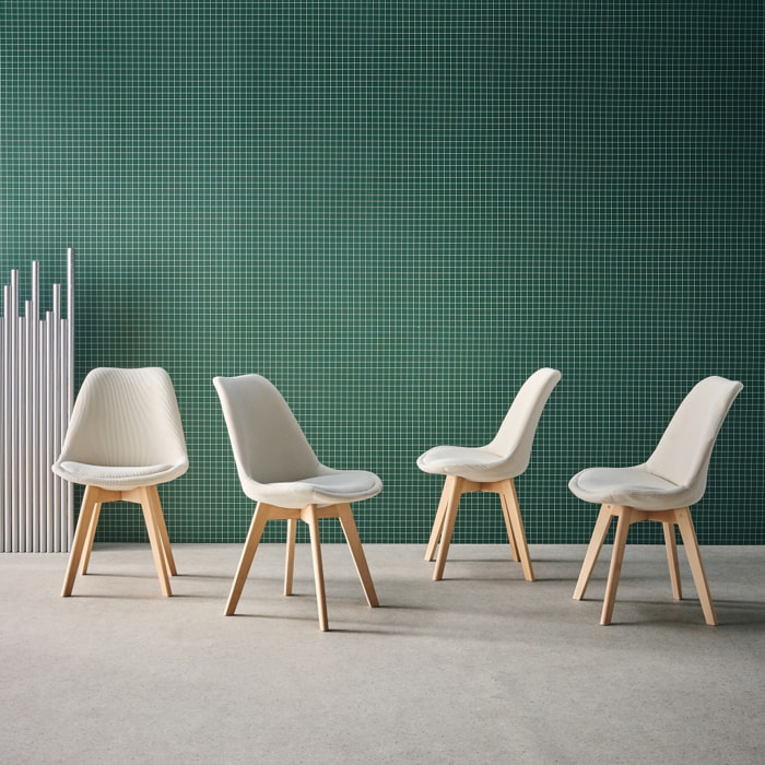 Lot de 4 chaises scandinaves revêtement velours côtelé blanc cassé. pieds bois de hêtre - Nils