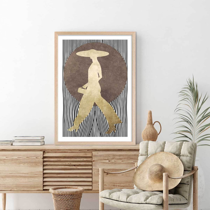Poster silhouette femme à chapeau Affiche + cadre en bois - Chêne