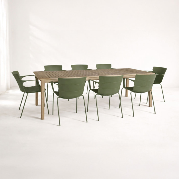 Ensemble de jardin table en bois d'acacia et 8 fauteuils vert MONTAUK