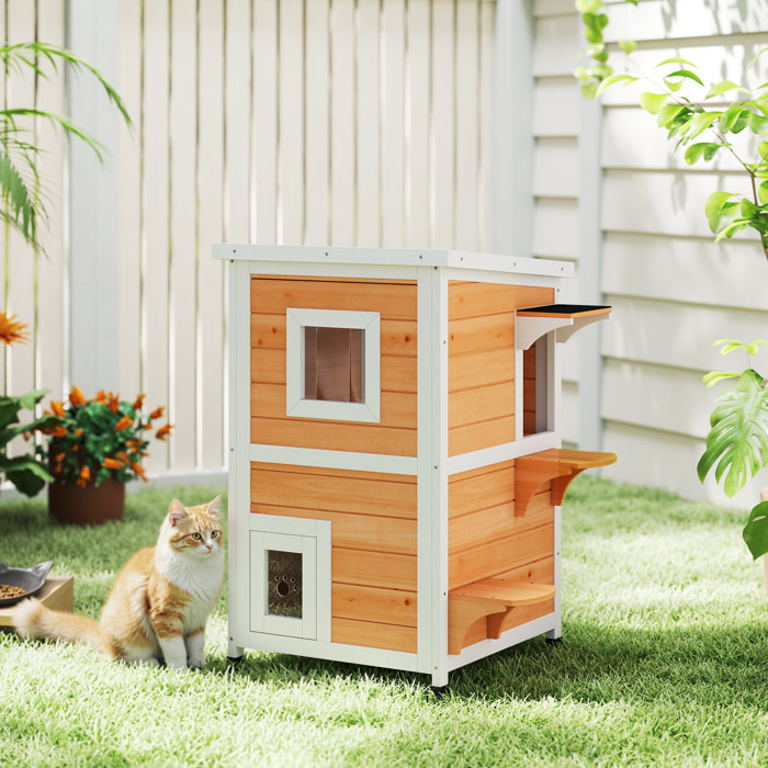 Caseta para Gatos de Madera Exterior, Casa para Gatos de 2 Niveles con Techo Abatible, Panel Central Extraíble, Ventanas, Puertas, para Terraza, Balcón, Jardín, 51x51x81,3 cm, Natural y Blanco