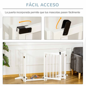 PawHut Barrera para Perros Plegable Valla para Perros Pequeños y Medianos de 4 Paneles con Puerta Barrera de Seguridad de Madera para Escaleras Pasillos 237,5x36x80 cm Blanco