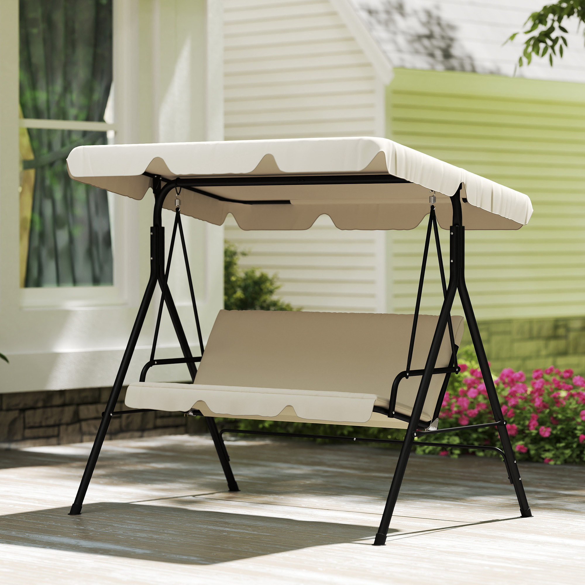 Columpio de Jardín Exterior de 3 Plazas, Balancín de Jardín Exterior con Techo Ajustable, Cojín y Marco de Acero, para Balcón, Terraza, Patio, Carga 240 kg, 172x118x153 cm, Beige