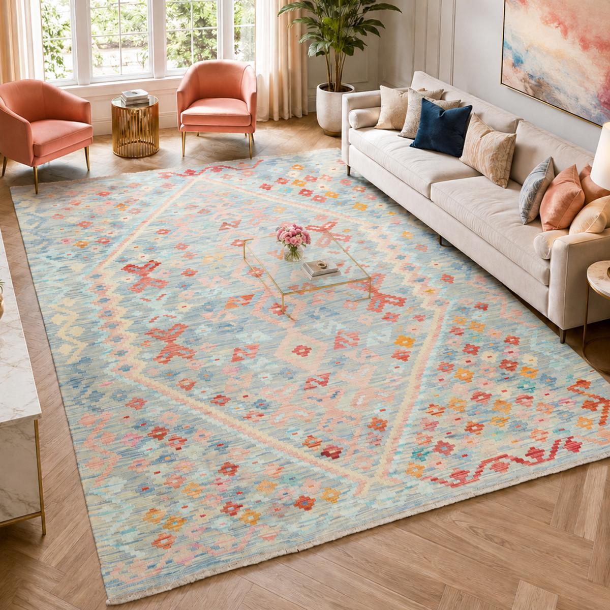 Tapis kilim, motif ethnique authentique, tissé plat ZIZO