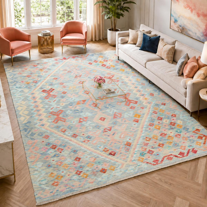 Tapis kilim, motif ethnique authentique, tissé plat ZIZO