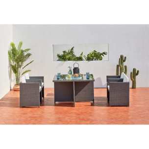 Table et chaises 4 places encastrables en résine gris-blanc REGINA