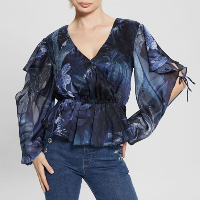 Blouse Saskika - coupe classique - volant - imprimé - bleu foncé