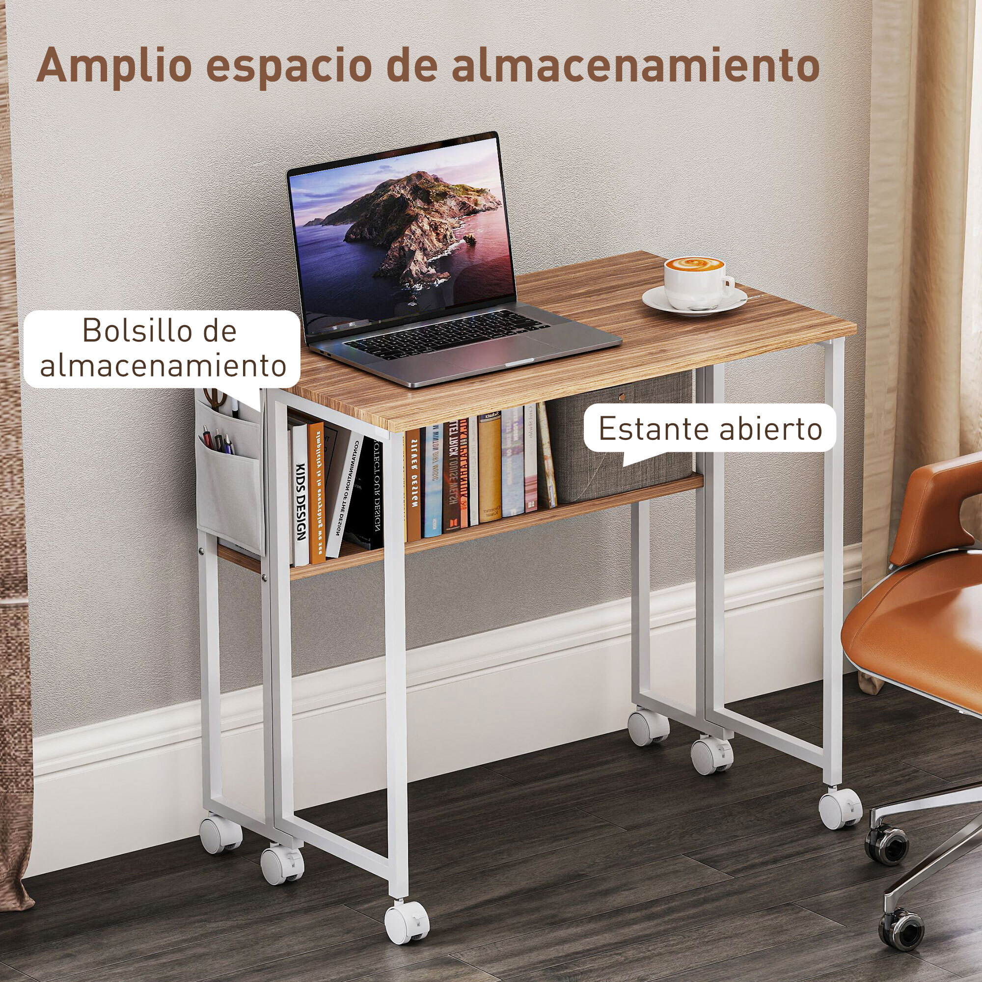 Escritorio Plegable con Ruedas y Estante Mesa Escritorio Compacta con Bolsillo de Almacenaje Mesa de Ordenador Portátil para Casa Oficina Espacios Pequeños 80x50x75 cm Natural