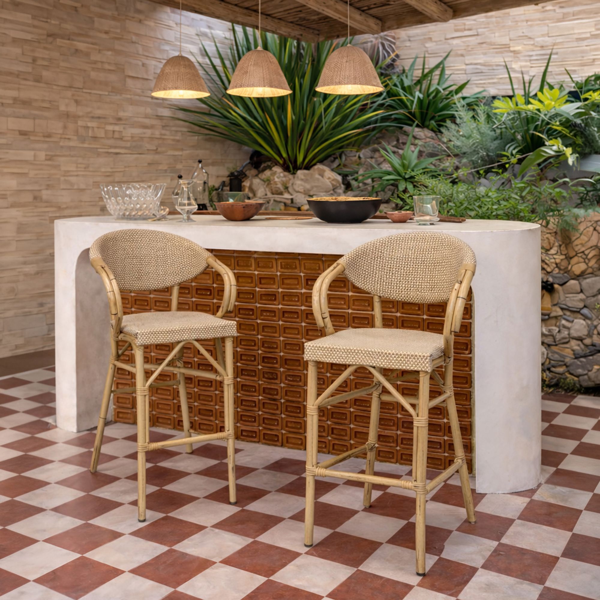 Lot de 2 fauteuils de bar extérieur en aluminium effet rotin beige AMALFI