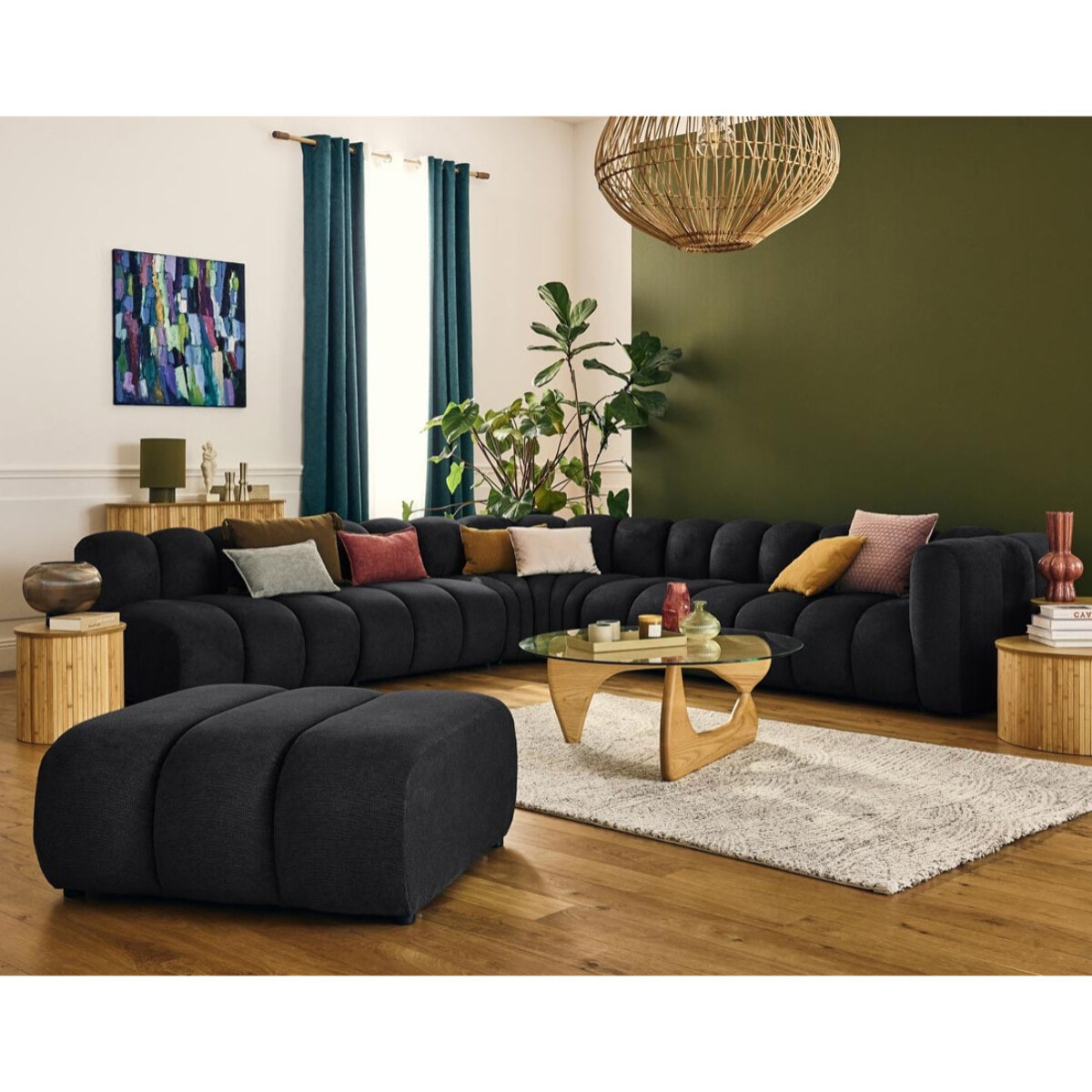 Debbie - canapé modulable d'angle gauche 5 places en tissu texturé - Noir