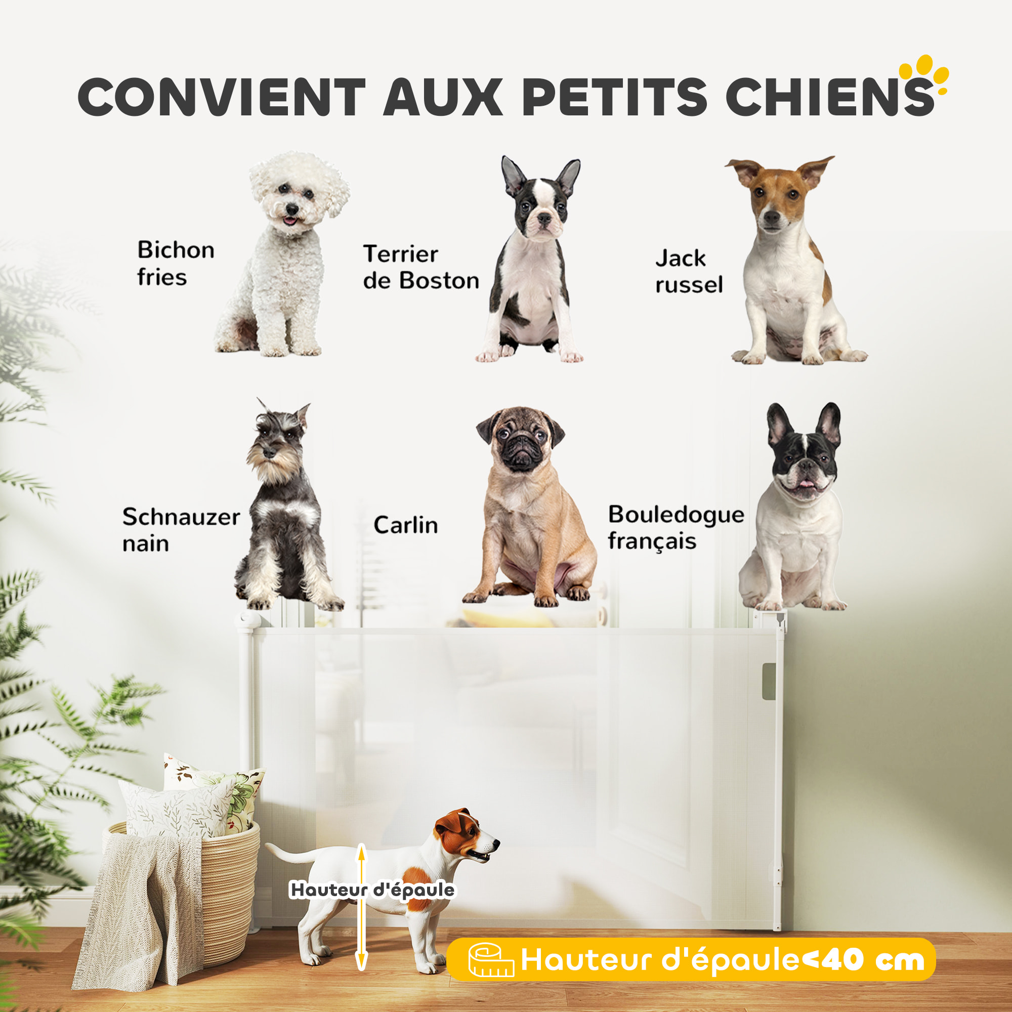 Barrière de sécurité chien rétractable 0-144 cm H.87 cm verrouillage auto alu PVC blanc