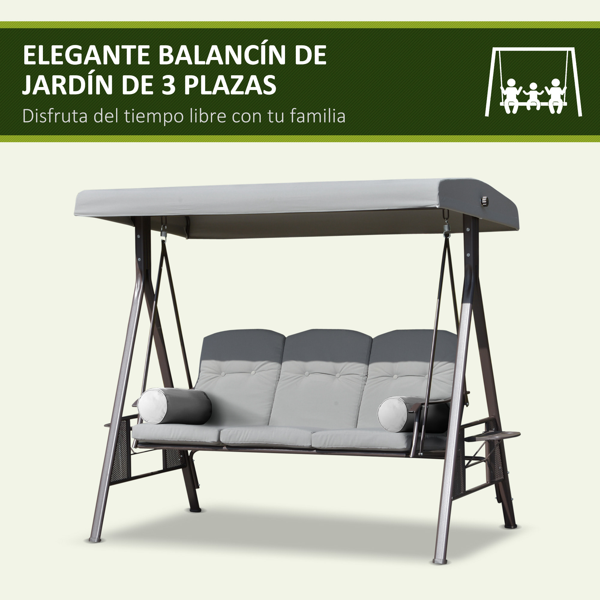 Columpio Balancín de Jardín de 3 Plazas con Techo Parasol 2 Cojines Bandeja para Bebidas y Marco de Metal para Terraza Balcón Exterior Carga Max. 360 kg 116x206x183 cm Gris