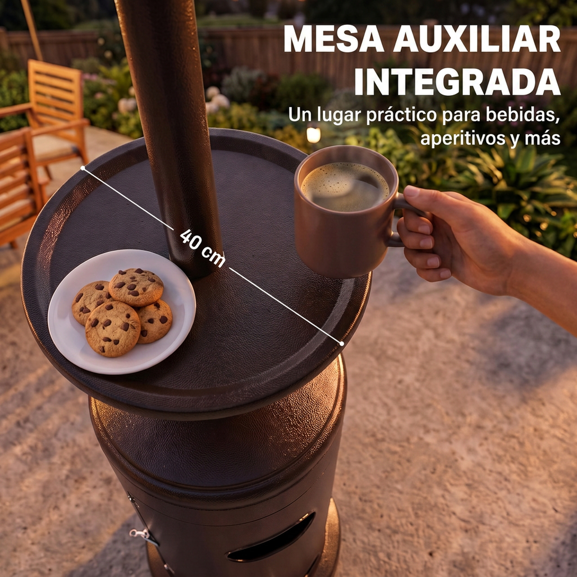 Estufa de Gas Butano 13 kW, Calefactor de Gas Terraza Exterior con Mesa Ø40 cm, Regulación Continua del Calor, Encendido Piezoeléctrico, Antivuelco y 2 Ruedas para Jardín, 30 m², Marrón