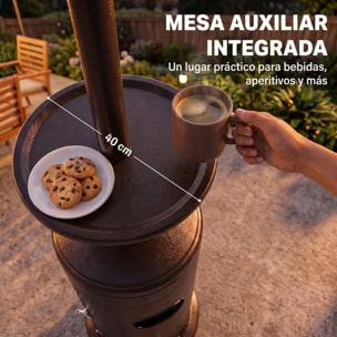 Estufa de Gas Butano 13 kW, Calefactor de Gas Terraza Exterior con Mesa Ø40 cm, Regulación Continua del Calor, Encendido Piezoeléctrico, Antivuelco y 2 Ruedas para Jardín, 30 m², Marrón