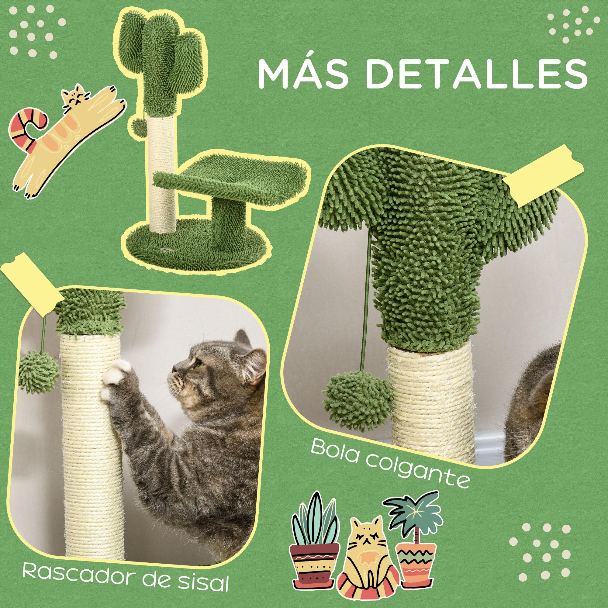 Árbol Rascador de Cactus para Gatos de 55,5 cm Torre para Gatos de Interior con Postes de Sisal Cama y Bola de Juguete 35x31x55,5 cm Verde