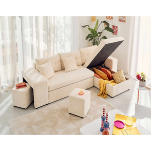 California - canapé d'angle réversible 4 places - convertible avec coffre, étagère et poufs - en velours texturé - Beige