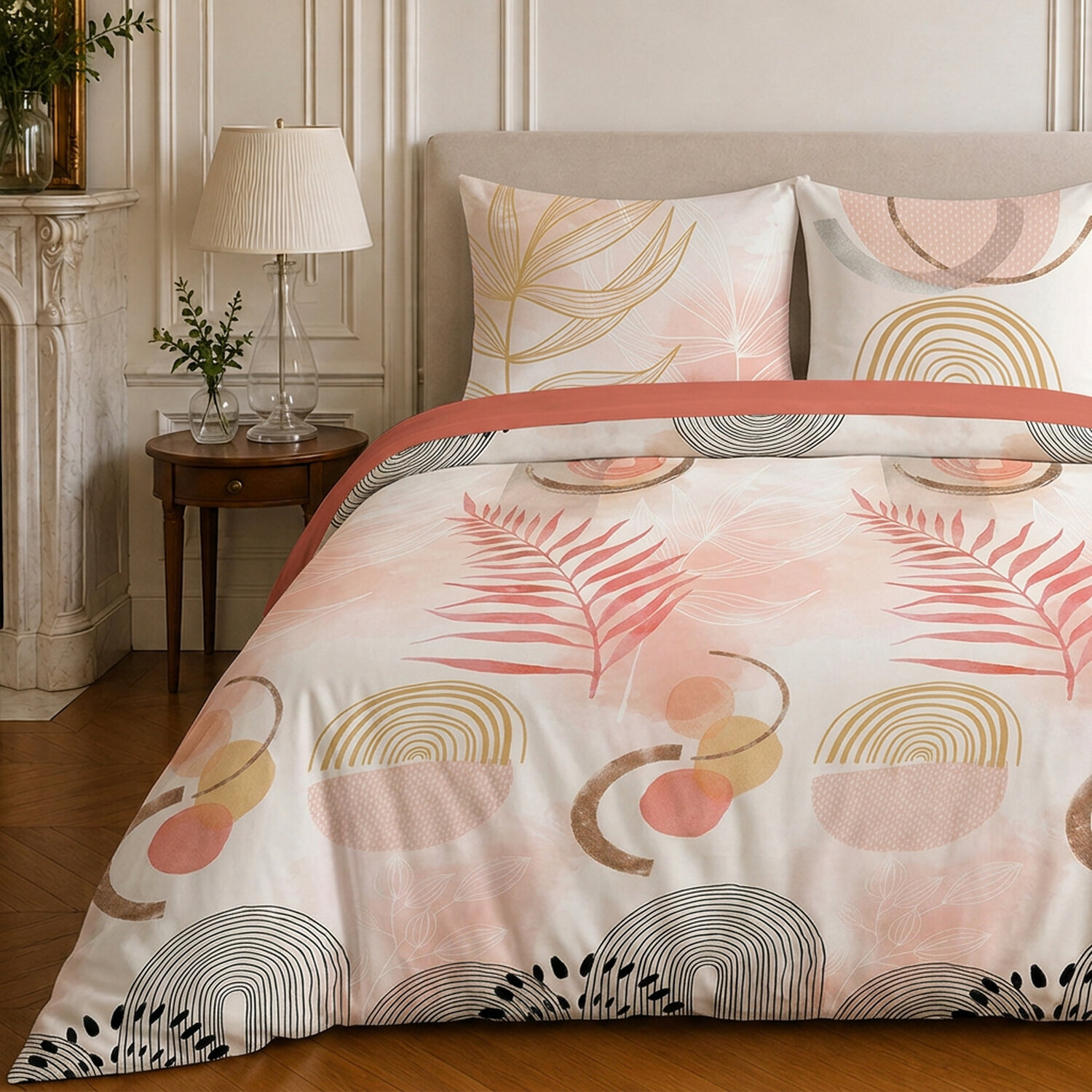 Parure housse de couette 100% coton motif floral - TERRACOTTA