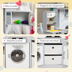 Cuisine pour enfant jeu d'imitation nombreux accessoires rangements évier réfrigérateur hotte lave-linge gris blanc