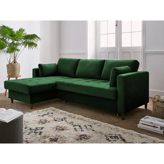 Anna - canapé d'angle gauche - 4 places - convertible avec coffre - en velours - Vert