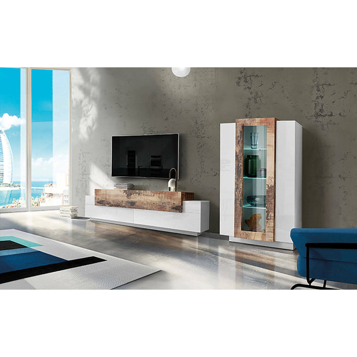 Parete attrezzata da soggiorno modulare, Made in Italy, con luce LED bianca, Base porta TV e vetrina, Set salotto moderno, cm 290x45h121, colore Bianco lucido e Acero