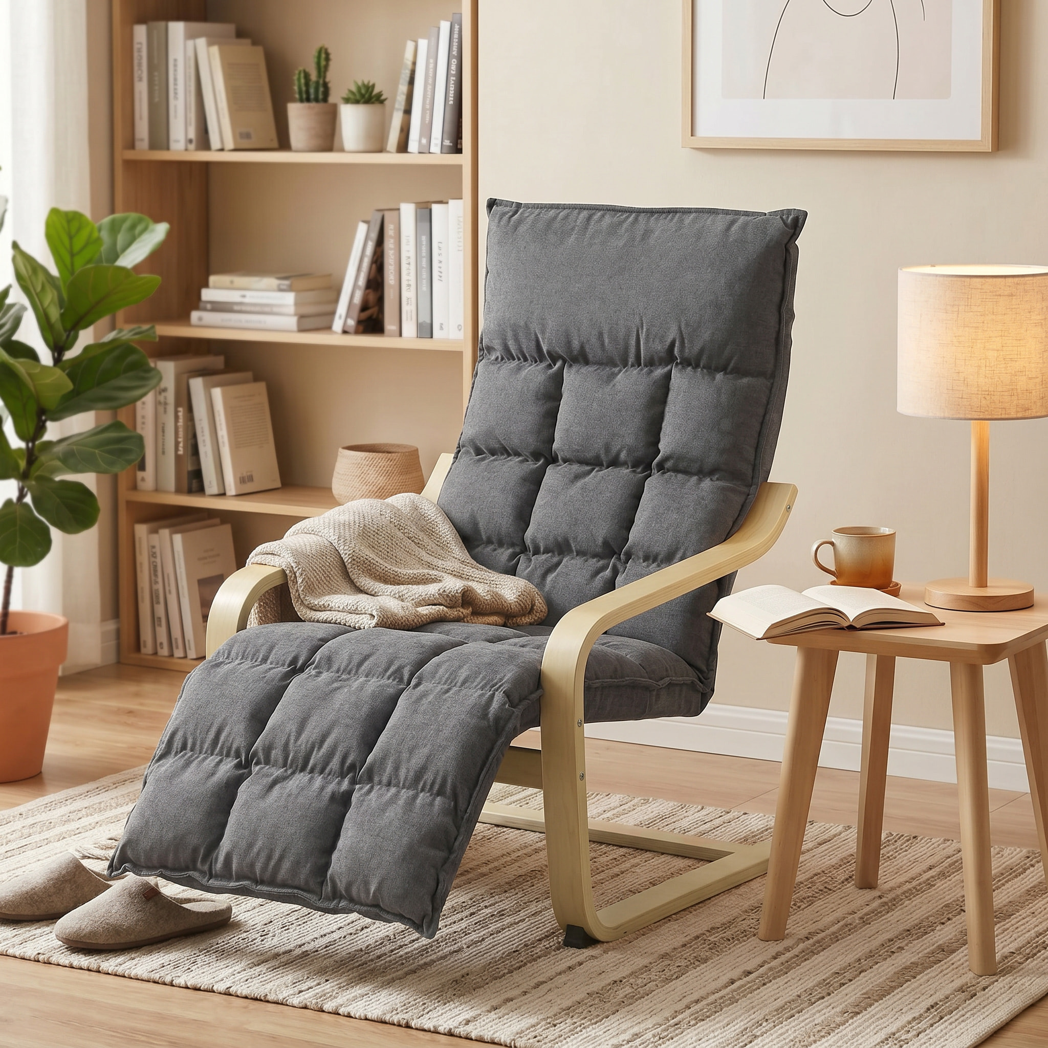 Sillón de Salón con Reposapiés, Butaca de Salón Tapizada en Lino con Balanceo Suave, Respaldo Alto, Asiento Amplio, Sillón de Relax para Dormitorio, Oficina, Estudio, Gris