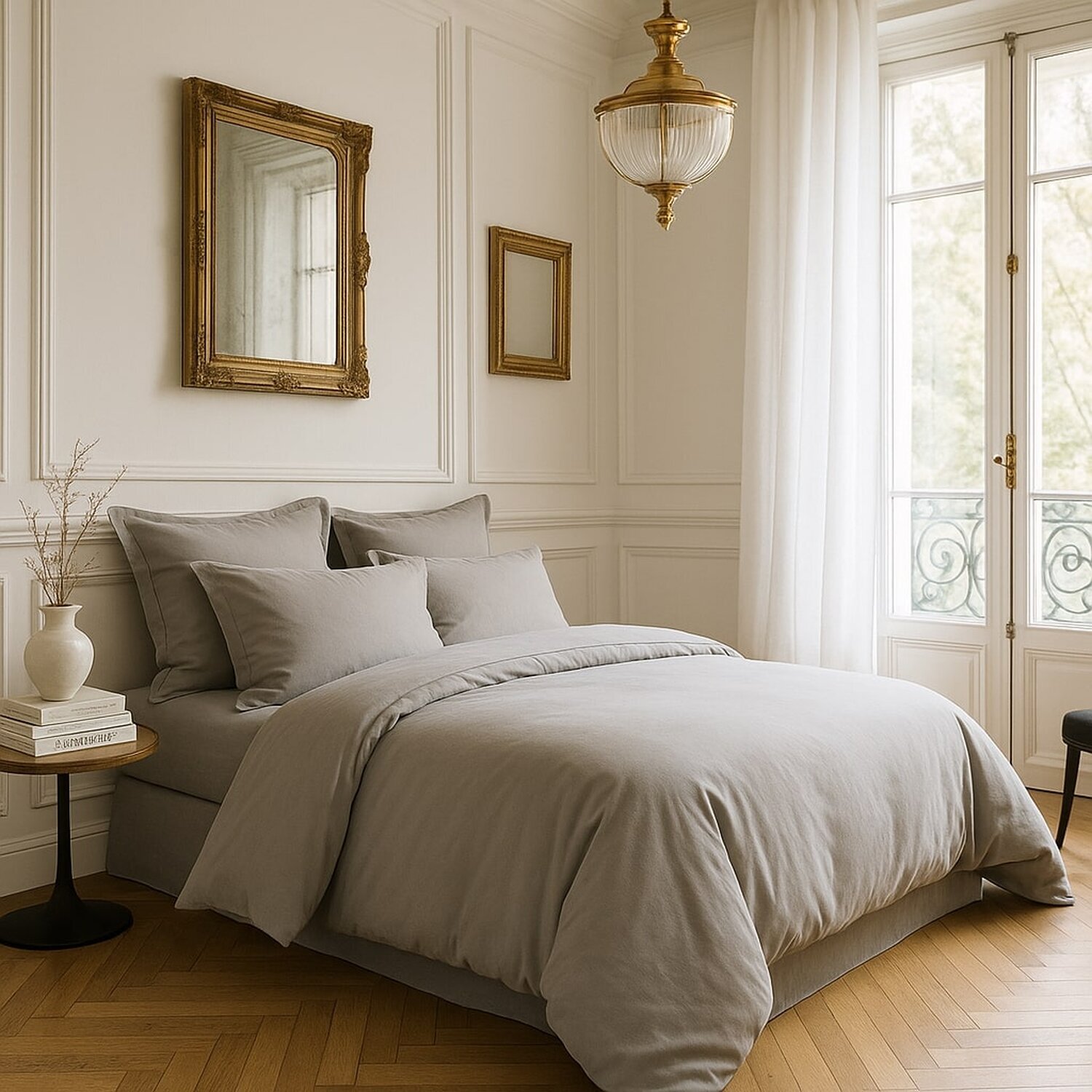 Housse De Couette 100% Satin de Coton lavé 105 Fils Gris Clair