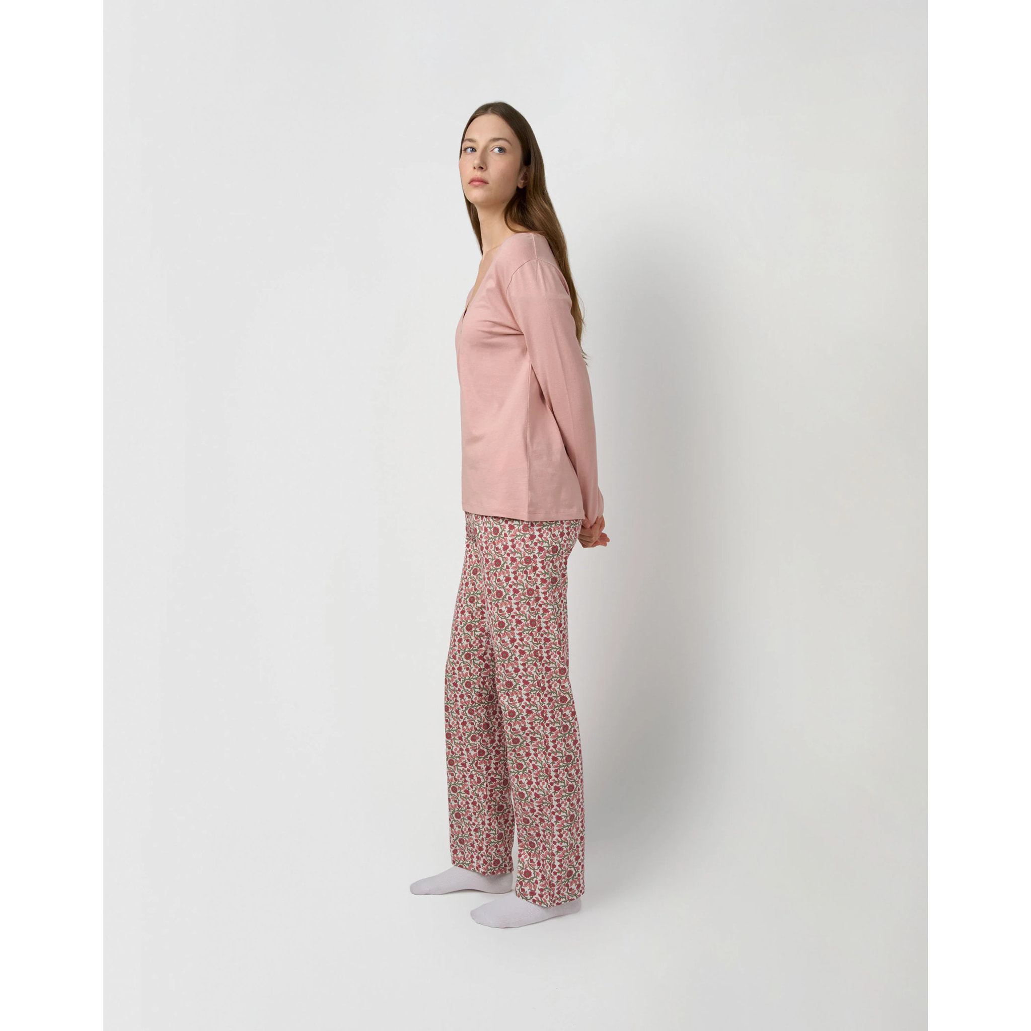 Pijama largo de algodón con escote pico amazonas rosa