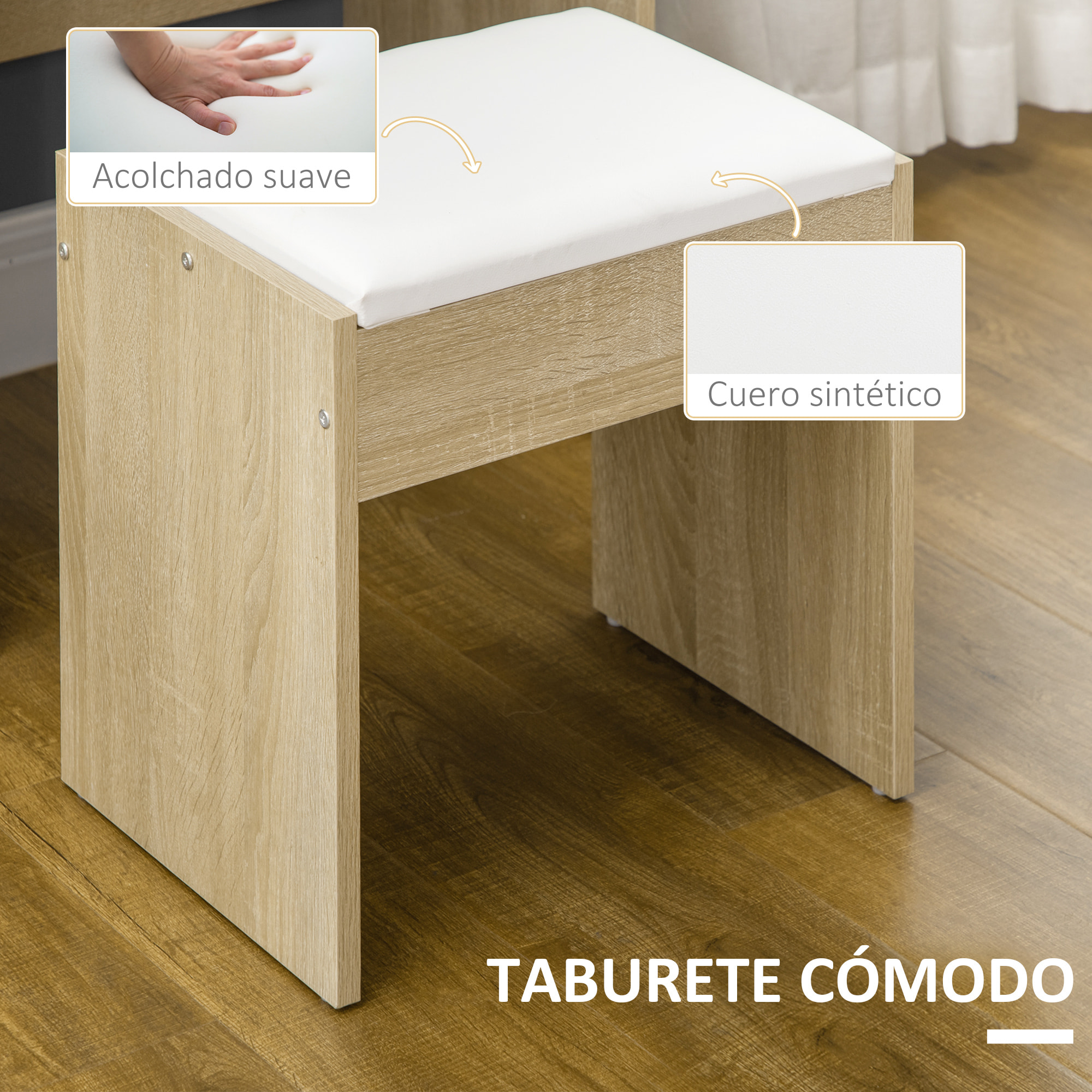 Tocador de Maquillaje con Taburete, Tocador con Espejo, 4 Cajones, Estantes, Compartimentos Abiertos, Estilo Moderno, para Dormitorio, Vestidor, 80x38x143 cm, Natural