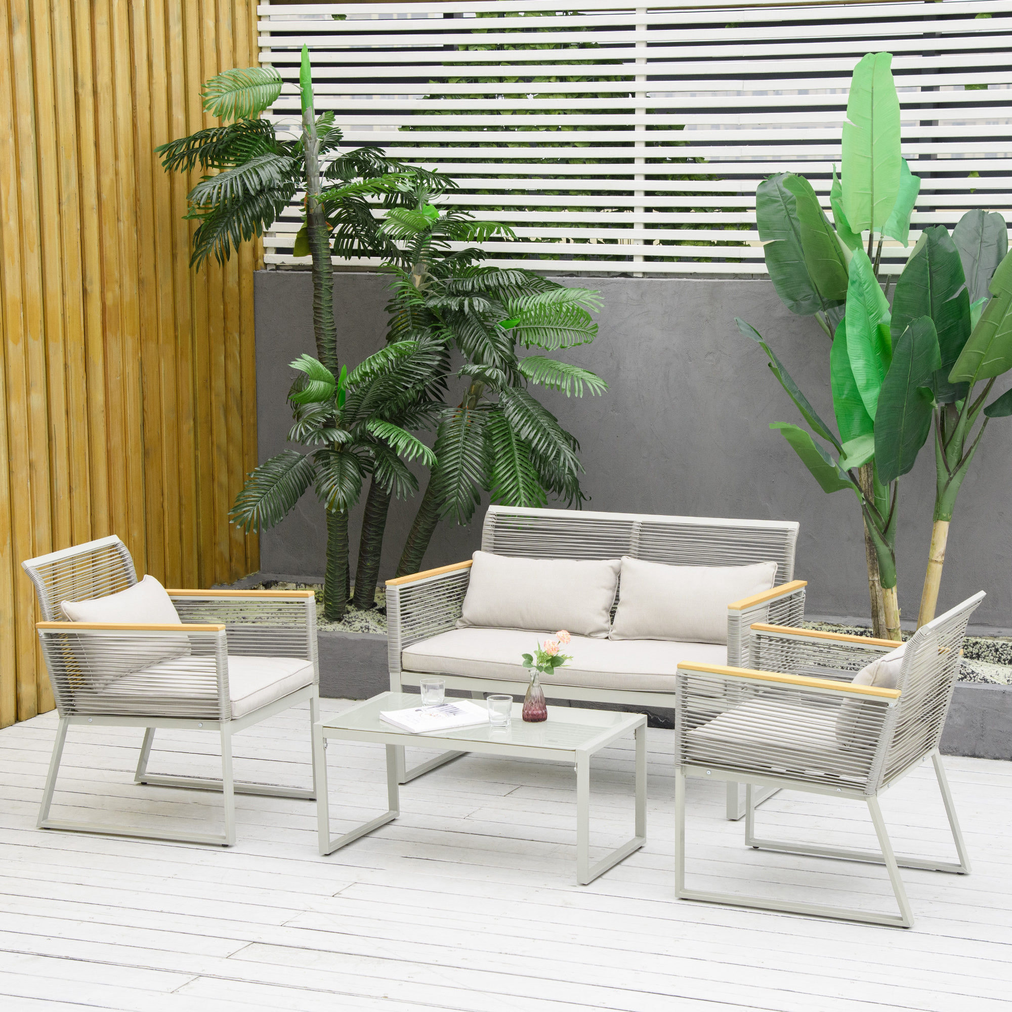 Conjunto de Muebles de Jardín de Ratán 4 Piezas Sofá Doble 2 Sillones Individuales y Mesa de Café de Vidrio con Cojines Desenfundables para Exterior Terraza Gris