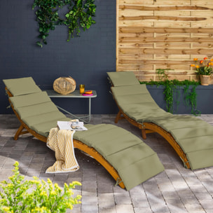 Lot de 2 bains de soleil en bois d'acacia LAURE avec coussin kaki en polyester. 184 x 55 x 63.5 cm