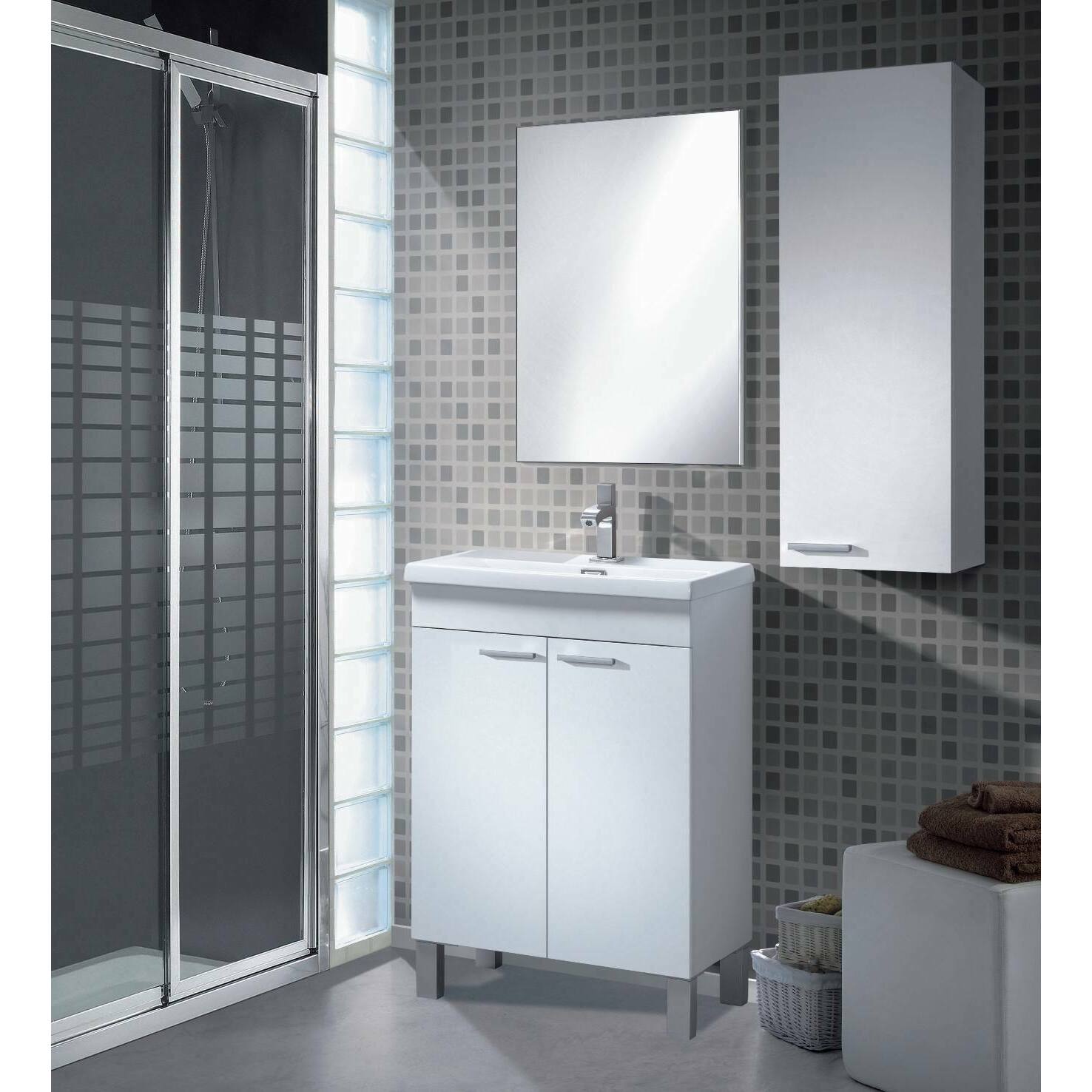 Colonna bagno Torrance, Mobile a colonna per bagno a 1 anta, Armadio pensile sospeso con 1 ripiano, cm 30x25h85, Bianco lucido