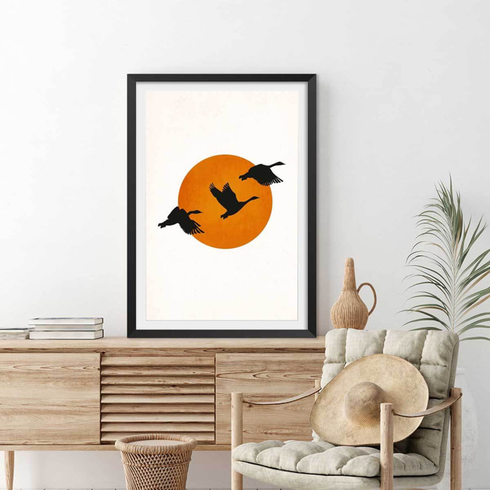 Affiche ""Retour des grues"" Affiche + cadre en bois - Noir