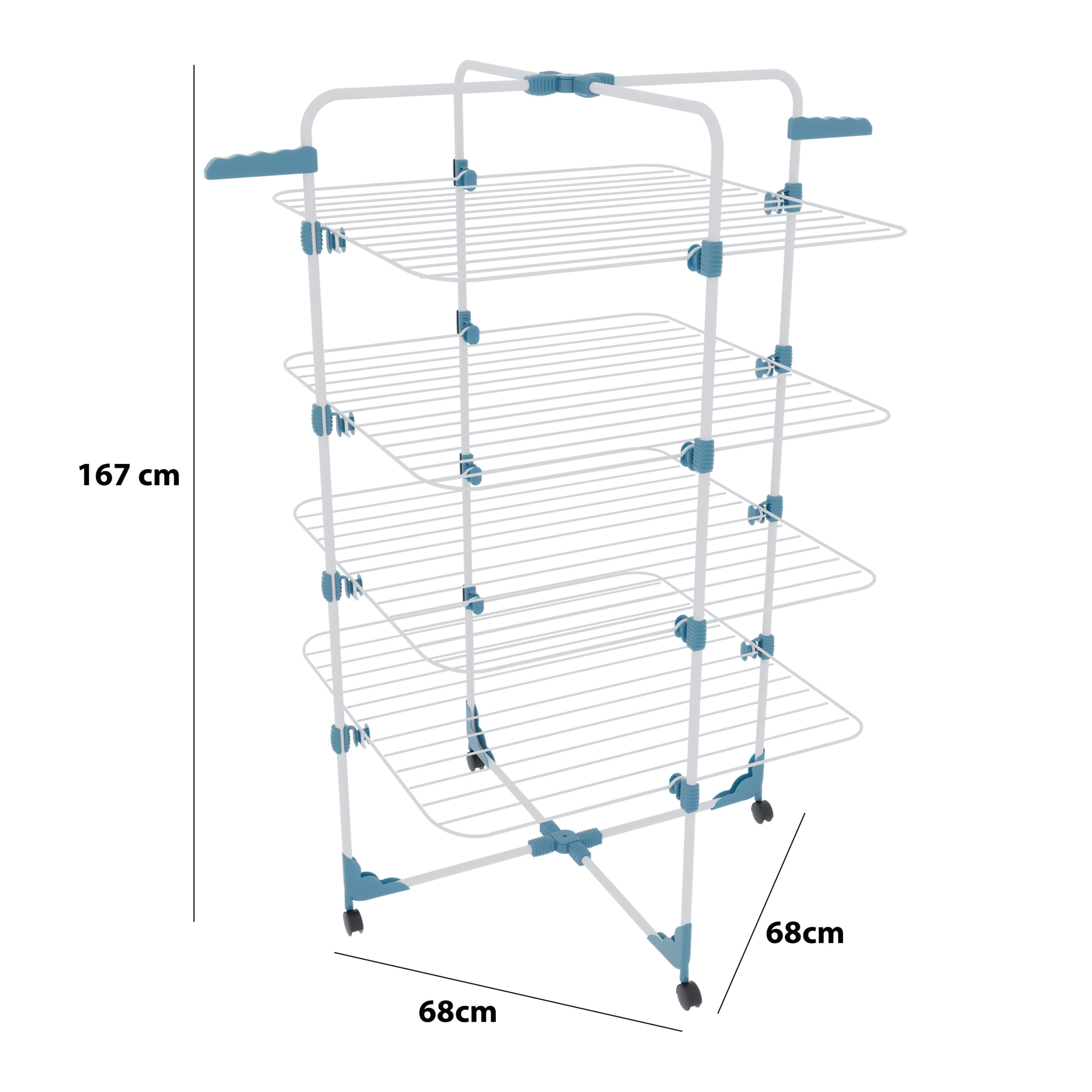 Stendibiancheria Da Pavimento Con Rotelle Stendino A Torre Verticale In Acciaio 4 Ripiani 2 Appendi Grucce Pieghevole 168.5x71x71 Cm Bianco Blu