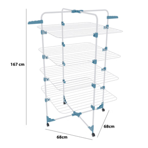 Stendibiancheria Da Pavimento Con Rotelle Stendino A Torre Verticale In Acciaio 4 Ripiani 2 Appendi Grucce Pieghevole 168.5x71x71 Cm Bianco Blu