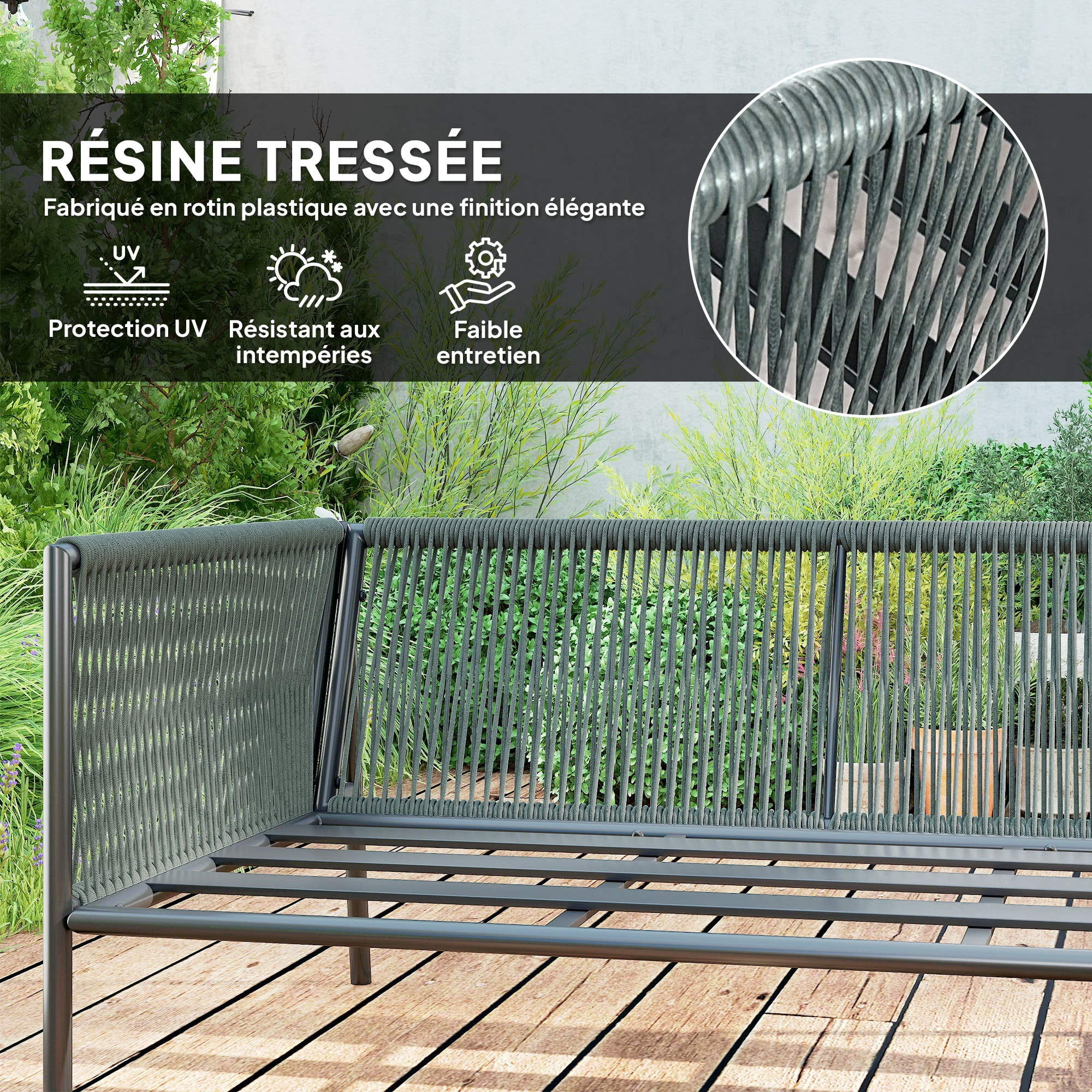 Salon de jardin d'angle 5 places en résine tressée avec table basse et coussins gris