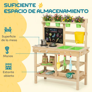 Cocina de Juguete Exterior, Cocinita Infantil de Madera con Macetas, Fregaderos, Grifo, Utensilios de Acero Inoxidable, Pizarra, Estantes, Ganchos, Juguetes para Niños 3-6 Años, Natural