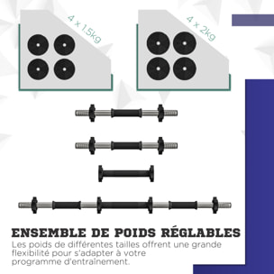 Haltères 2 en 1 réglables - haltères libres 15 Kg - barres incluses - entraînement musculaire & haltérophilie - noir rouge