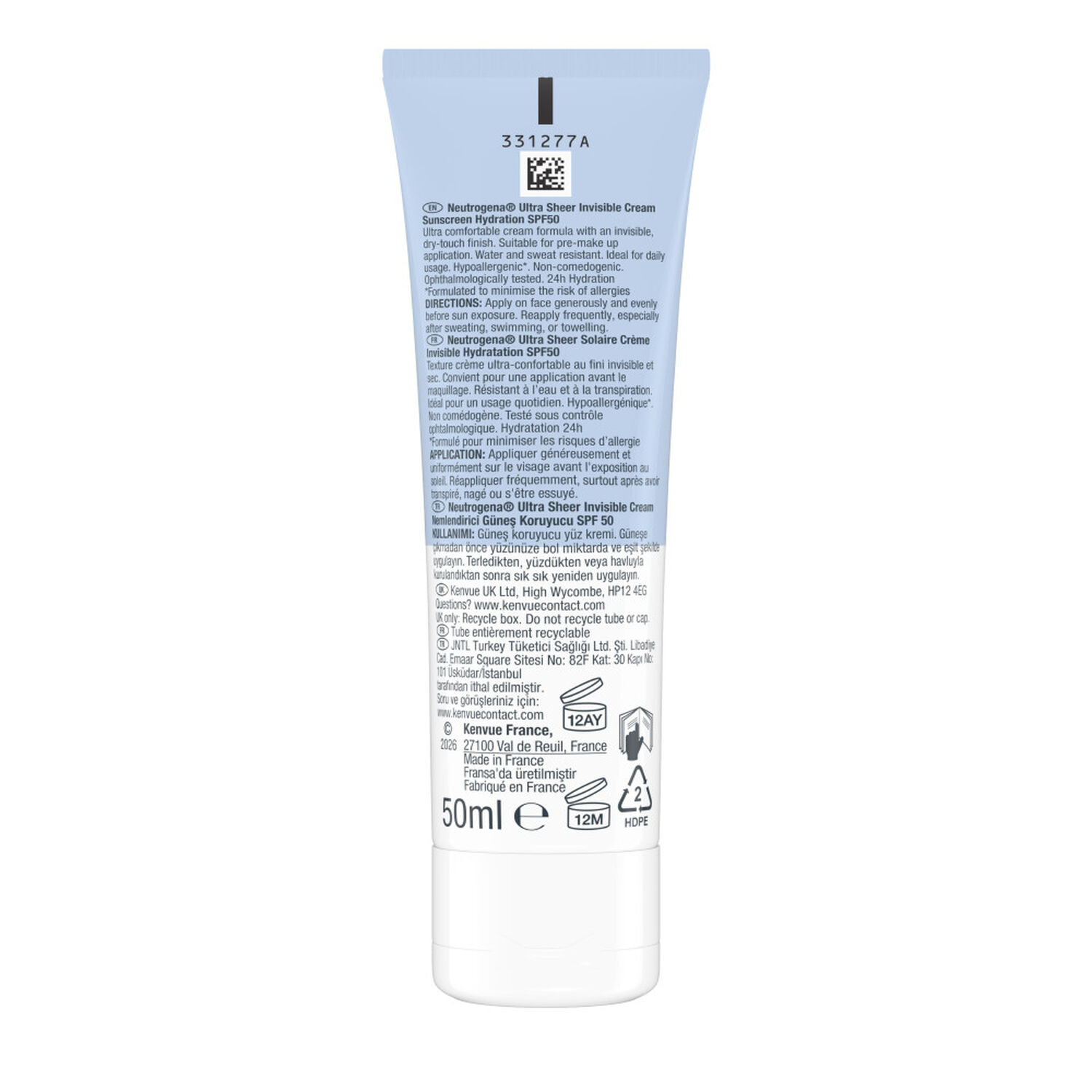 Ultra Sheer SPF 50 - Crème Solaire Visage Invisible Ultra Sheer Hydratation 50ml