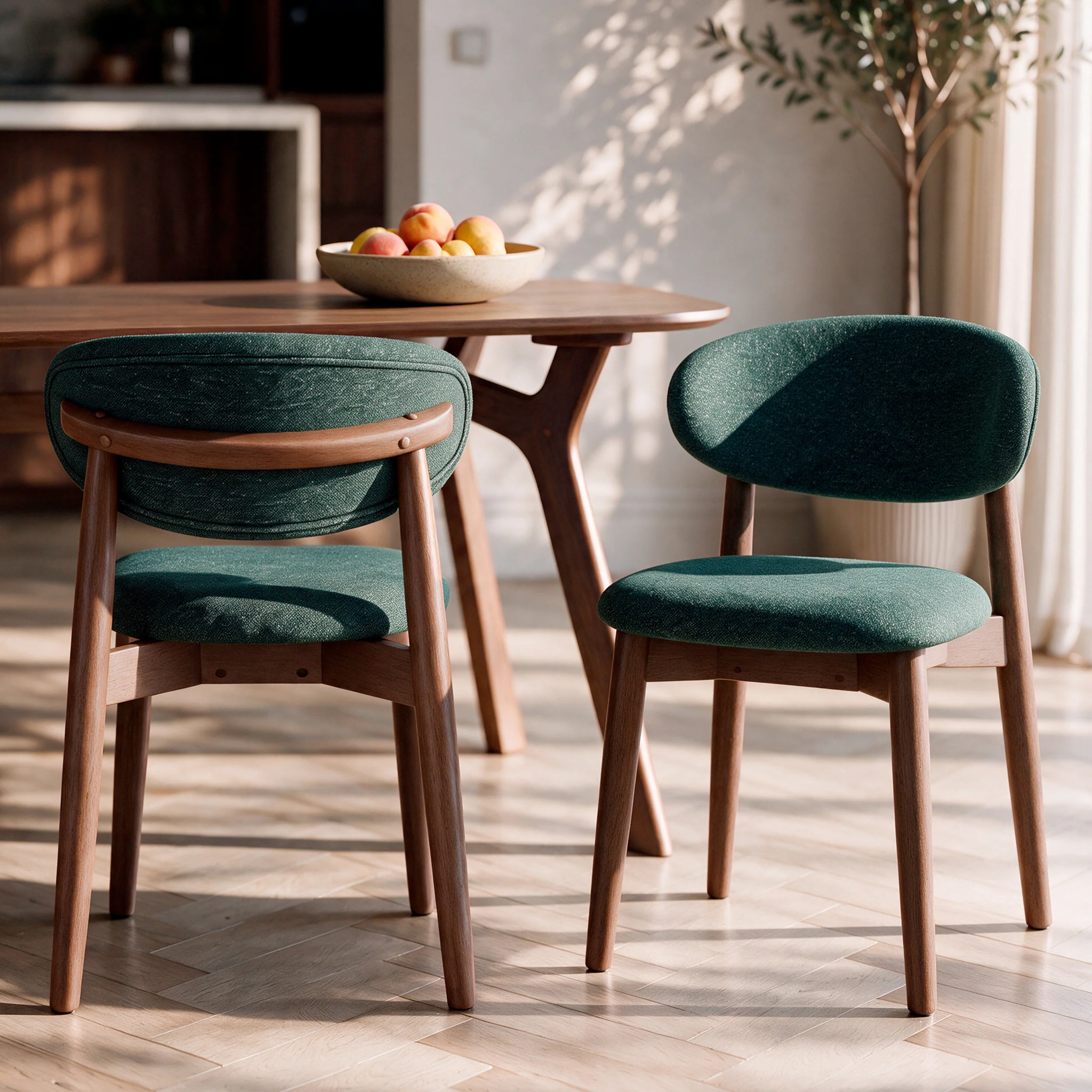 Lot de 2 chaises en tissu vert sapin et bois d'hévéa foncé - Yuna