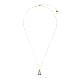 Collana Golden Lunga Catena a Cubetti e Pendente Tondo con Quadrifoglio Pavé in Cubic Zirconia