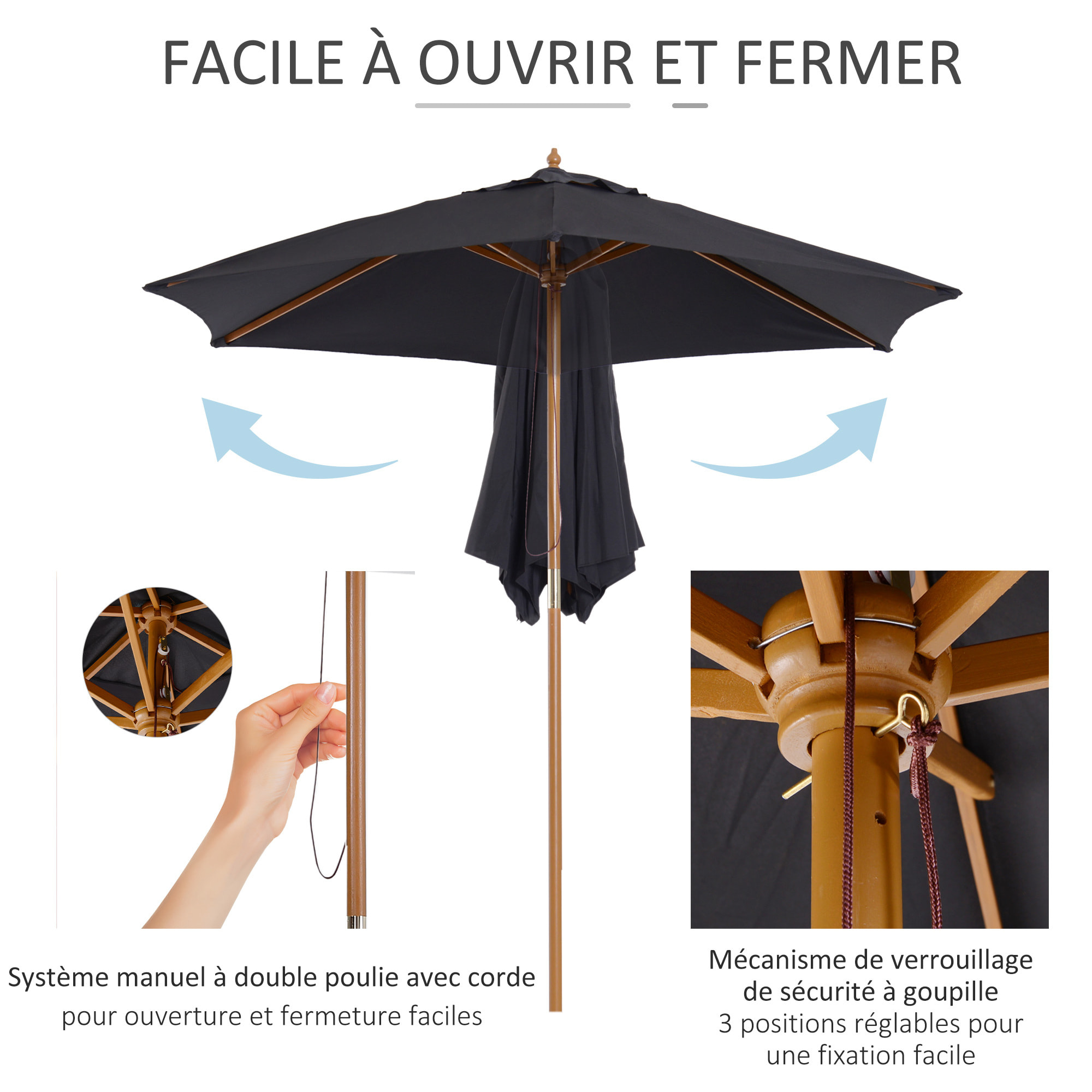 Parasol droit hexagonal grande taille de jardin Ø 2,5 x 2,3H m bois de bambou noir